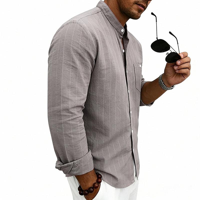 Mens Striped Linen Blend Stand Collar Long Sleeve Casual Shirt With Pockets