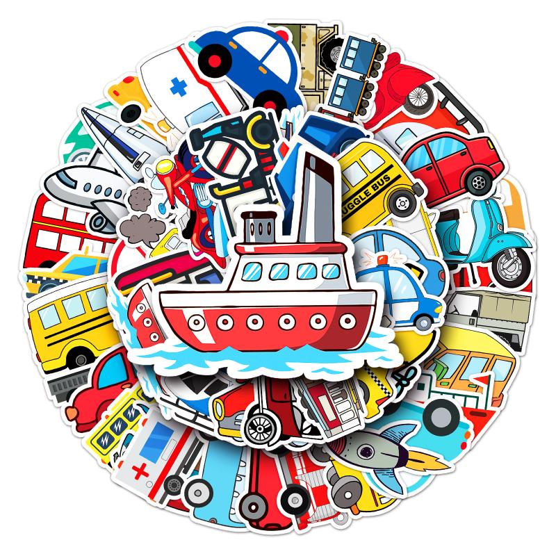 10/25/50pcs Transports Stickers Cartoon Cars Airplanes for Gift Room Learning Wall Decals Travel Luggage Phone Helmet