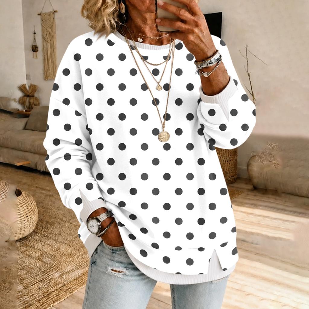 Women's Casual Long Sleeve Polka Dot Pullover Top Two Piece Neck Blouse