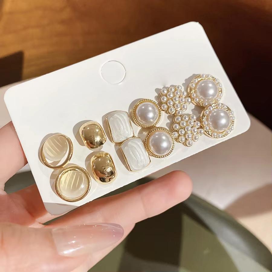6/10/12 Pcs Simulated Pearl Round Square Stud Earrings Small French Elegant Daity Ear Studs for Women Daily Jewelry Sets F