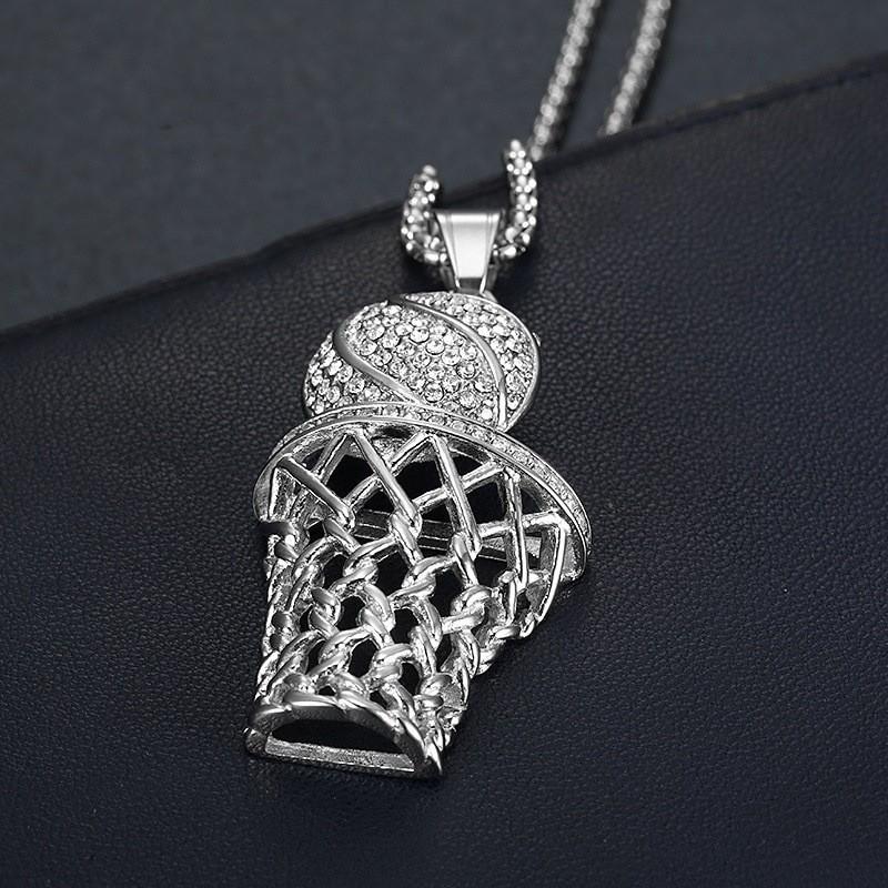 Fashion Rhinestone Basketball Hoop Necklace - Exquisite Hollow Pendant, European & American Creative Sports Trend Jewelry