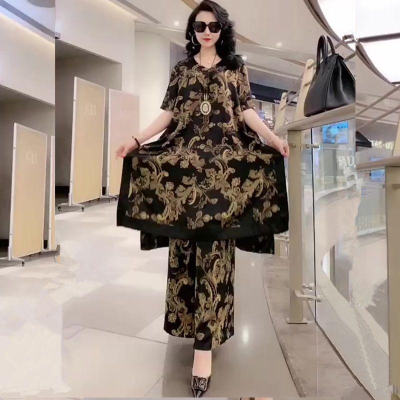 Spring Summer Women's Sets Plus Size Silk Wide Leg Trousers + Shirt Set Female Spring Print Slim Two Piece Set Female Elegant