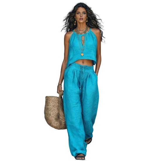 Completi da Donna 2 Pezzi Top Corto Senza Maniche e Pantaloni Lunghi a Gamba Larga Set Coordinati Casual Abbigliamento Estivo per Viaggi Vacanze Relax