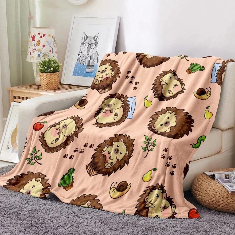 Cartoon Hedgehog Flannel Blanket Soft Warm Lightweight Blanket Cute Animal Print Blanket for Bed Sofa Couch King Queen Size