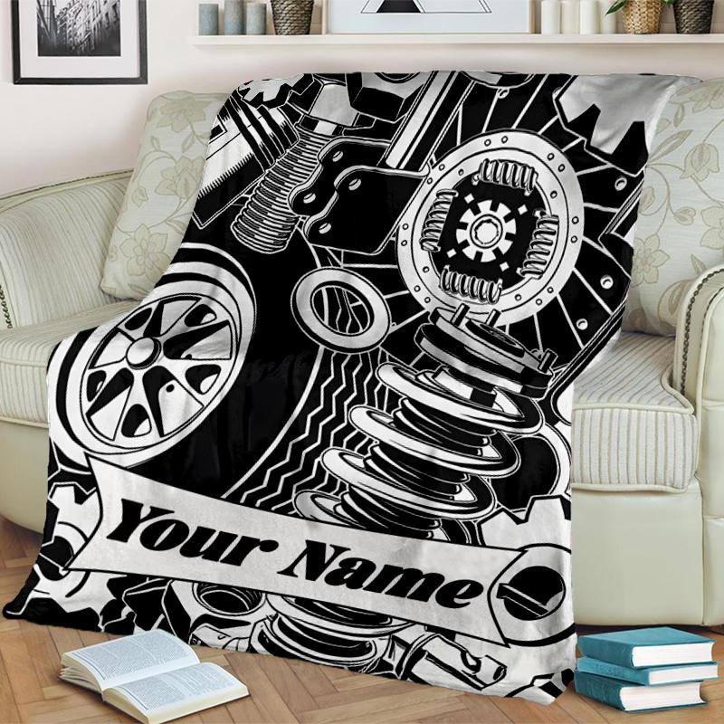 1PC Custom Name Automotive Parts Illustration Outdooor Flannel Blankets Throw Blanket All-Season Throw Gift Bedspread for Couch, Bed, Camping Holiday