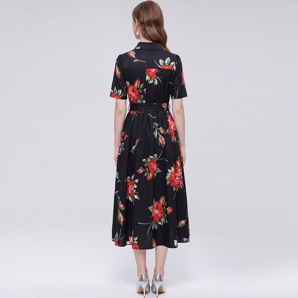 Elegant Gorgeous Flower Print Shirt Dress Women Summer Short Sleeve Collar Midi Dress with Sash Belt Vintage Style Party Wear