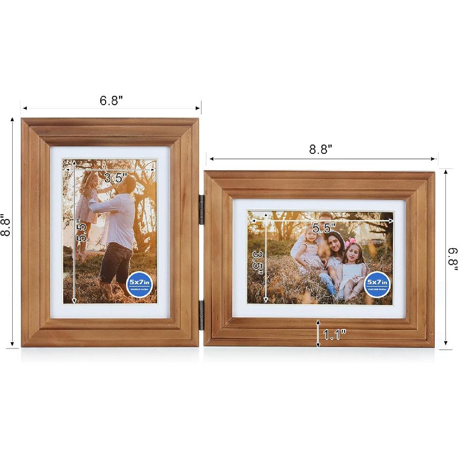 5X7 Double Wooden Hinged Picture Frame Vertical and Horizontal in Distressed Farmhouse Wood Grain, Display 4x6 with Mat or 5x7 without Mat, Folding
