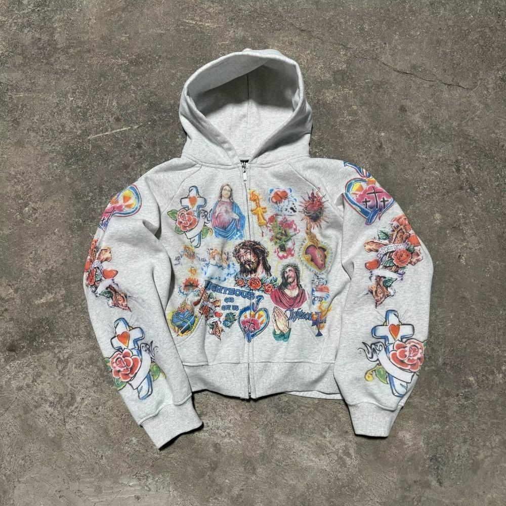 RogueWave American Retro Hooded Sweater for Men and Women Couple Models Skull Lazy Wind Print Hooded Long-sleeved Zipper Hooded Sweater