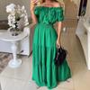 Fashion Elegant Off Shoulder Ruffled Short Sleeve Summer Dress Lace-up Slim Fit A-line Party Long Dresses Female Casual Solid Color Loose Clothing