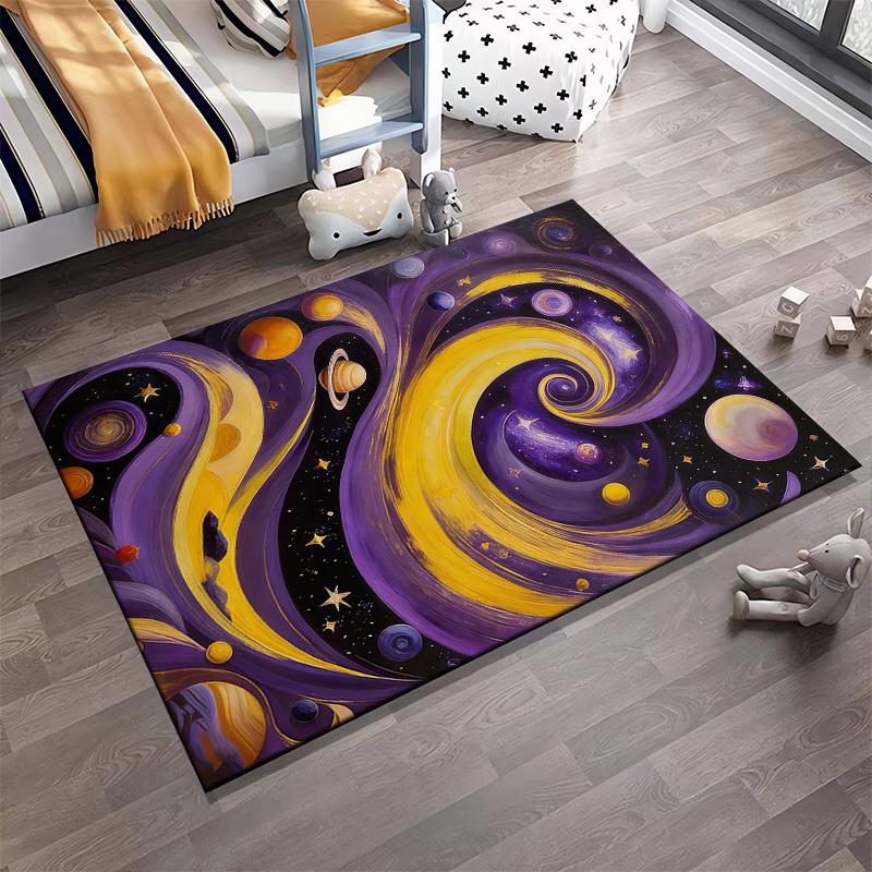 Galaxy-Inspired Rug with Golden Swirls, Planets, and Starry Sky Suitable for use as an anti-slip for living room bedroom sofas