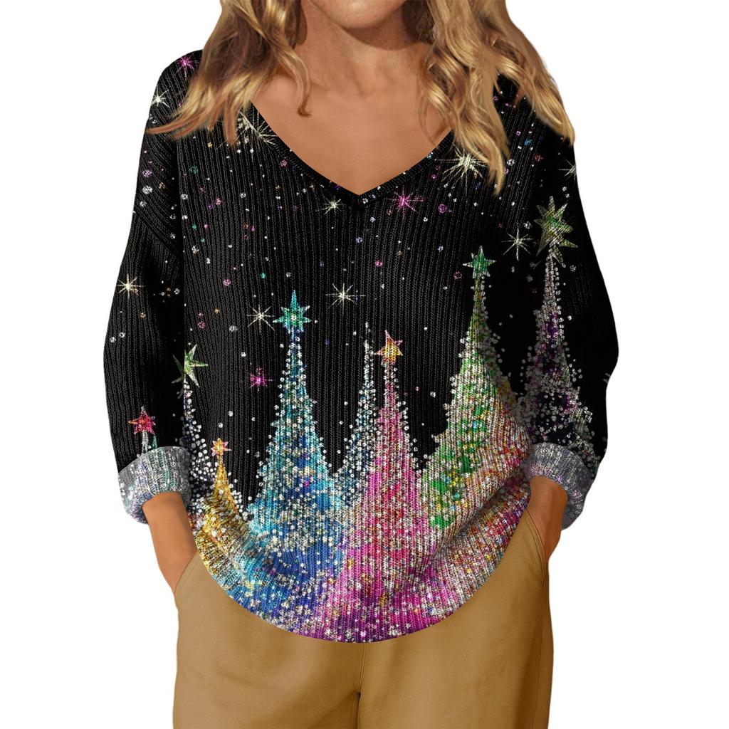 Women's Fashion Casual Long Sleeve Christmas Star Print V-Neck Top