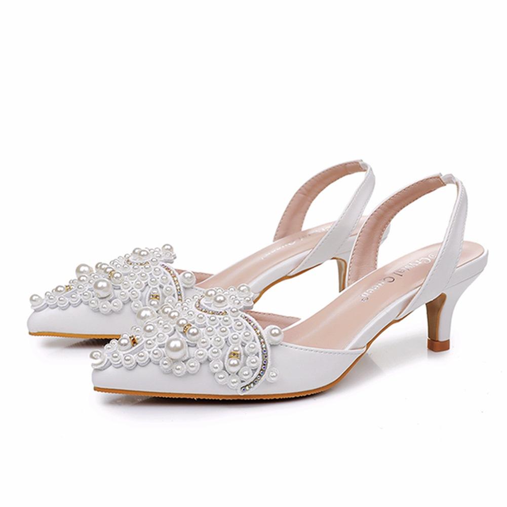 5cm New White Wedding Shoes Bridesmaid Shoes Women's Lace Shoes Fashion High Heels Pearl Pumps