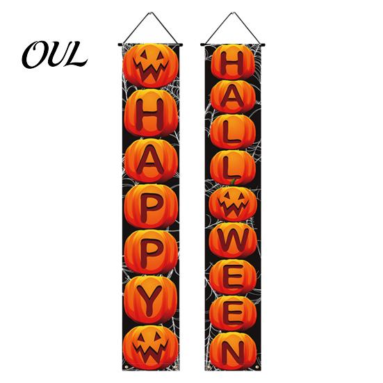 Durable Fabric Banner Halloween Porch Sign Banner, Pumpkin Ghost Party Awning Hanging Wall Decorative Holiday Door Decoration, Front Wreath