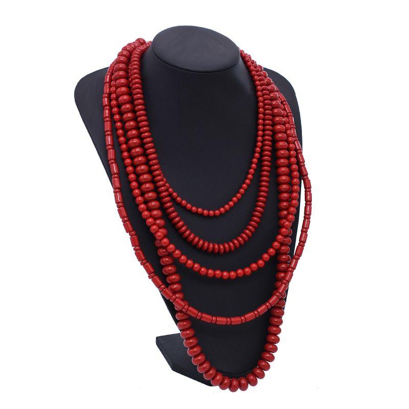 2026 New European and American Style Multi-Layered Layered Necklace with Small Round Wooden Beads, Exaggerated Holiday Style Clavicle Chain Red Beaded Necklace