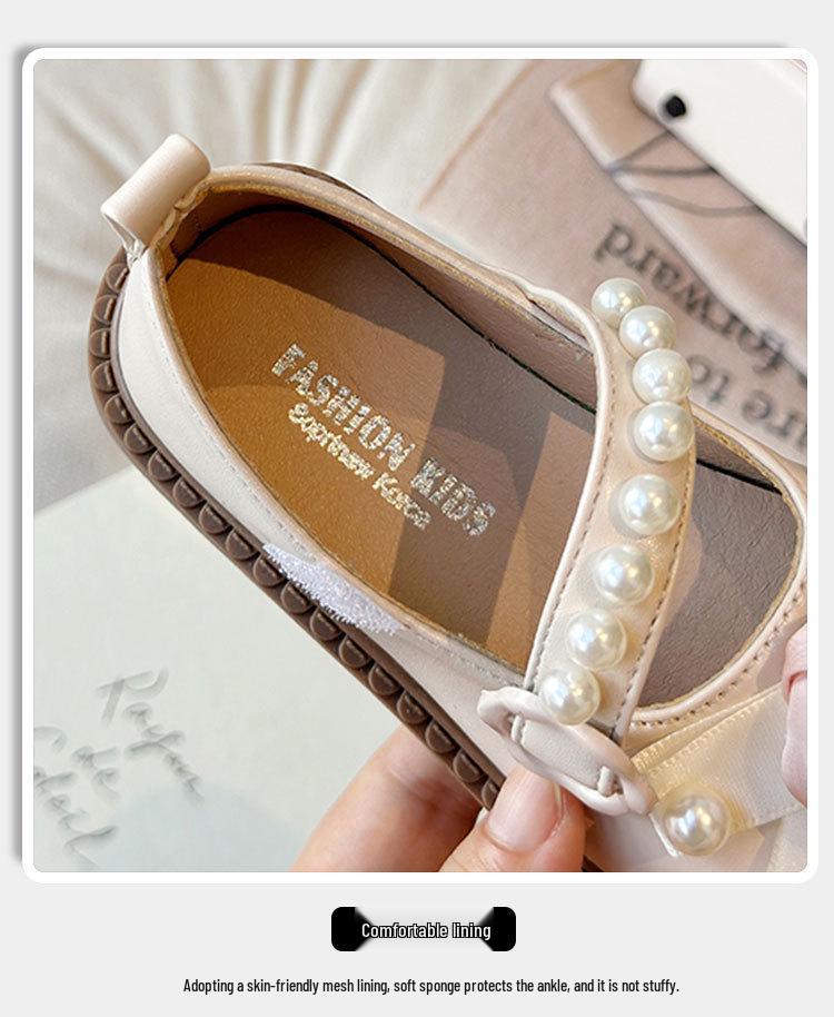 Children's Rose Floral Pearl Mary Jane Shoes - Non-slip, Stylish Spring/Autumn Leather Princess Shoes