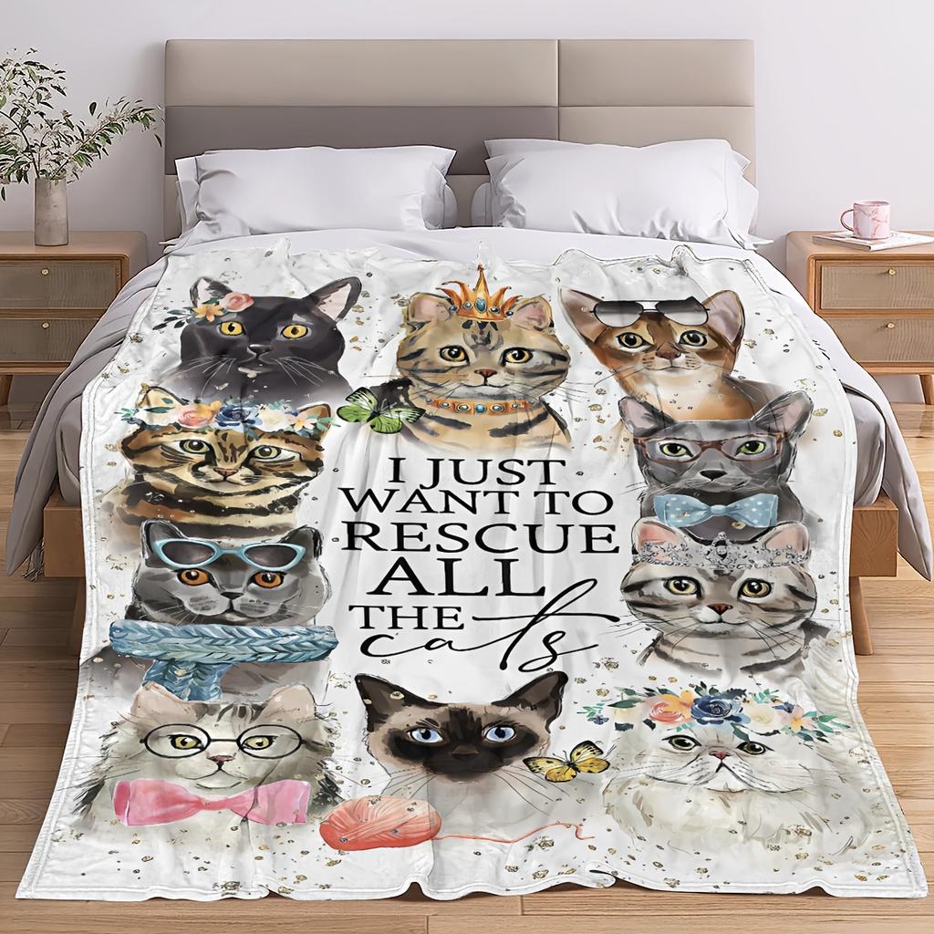 Watercolor cat costume pattern Flannel printed blanket suitable for all seasons suitable for living room office sofa and travel