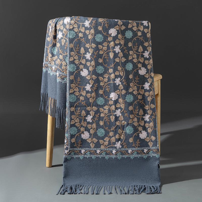 Xinjiang Embroidered Imitation Cashmere Scarf: Women’s Ethnic Style, Warm and Versatile with Tassels