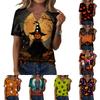 Womens Halloween Print V Neck Short Sleeve T Shirt Button Detail Casual Loose Fit Top for Everyday Wear