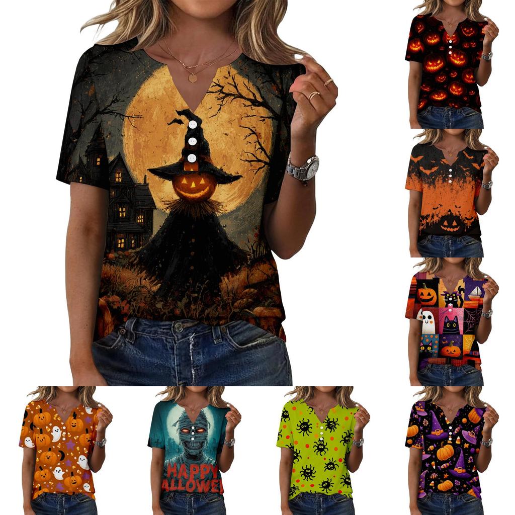 Womens Halloween Print V Neck Short Sleeve T Shirt Button Detail Casual Loose Fit Top for Everyday Wear