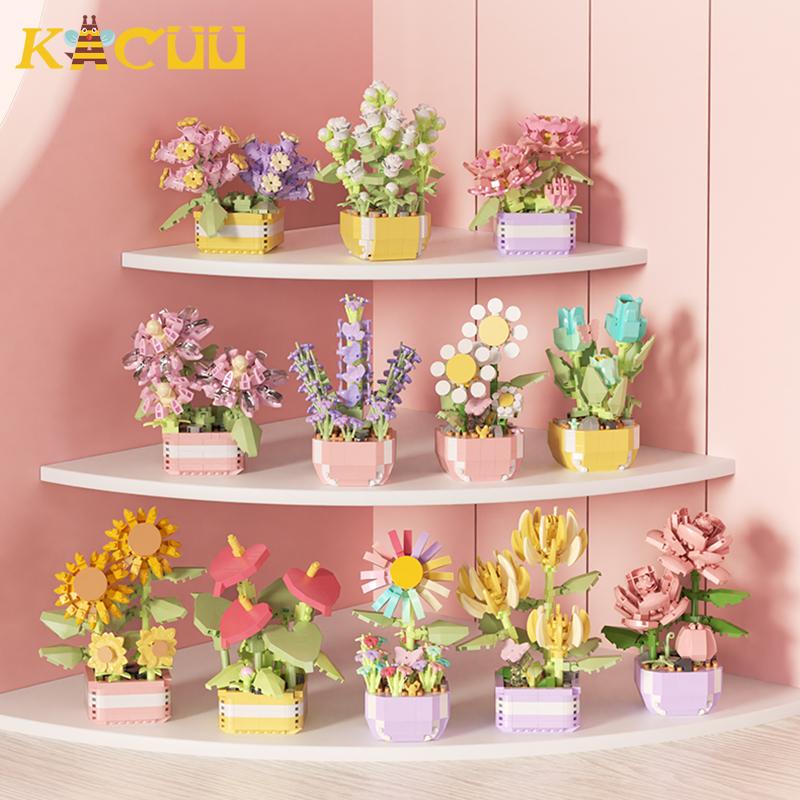 Netoxická věčná kytice Tulipán Květ Stavebnice 3D model Domácí dekorace Rostlina v květináči Montáž Moc kostky Valentýn Dětské dárky