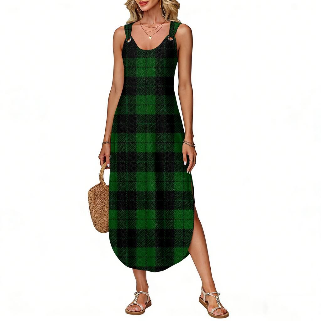Women's Summer Long Dress, Sleeveless with Side Slits, Long Plaid Printed Vest Dress