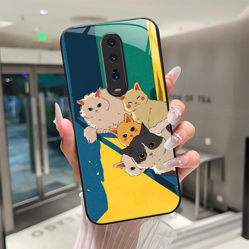Cute Cartoon Cats Flower Case For Xiaomi Mi 9T Redmi K20 Pro Poco F2 Tempered Glass Phone Case Protective Back Cover Hard Shell
