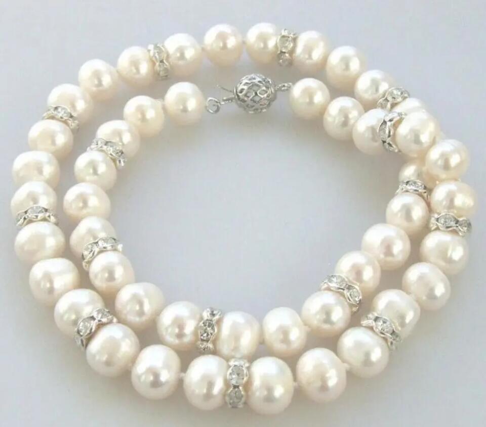 

17 дюймов 9-10 мм Белый пресноводный жемчуг блестящий горный хрусталь рондель каждый день нагрудник Ожерелье