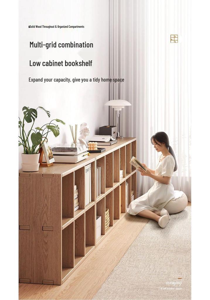 Solid Wood Bookshelf: Floor-Standing & Wall-Leaning Grid Cabinet for Living Room or Kindergarten Storage.