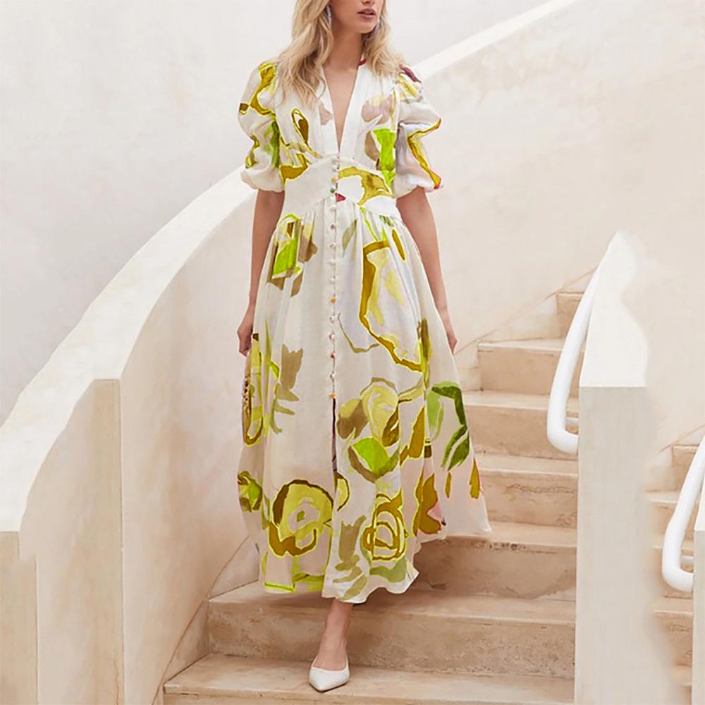Spring New Women'S Clothing Beach Dress Slim-Fitting Pendulum Four-Sided Elastic Printing Dress
