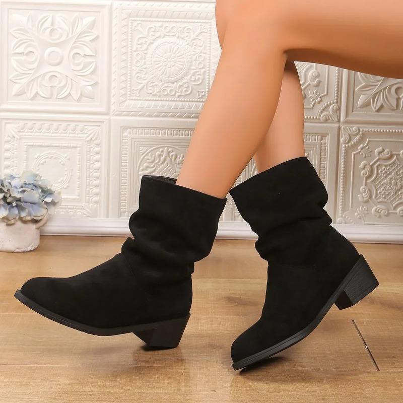 British Style Knight Boots Large Size Autumn Winter Pointed Toe Velvet Surface Thick Heel Fashion Boots Mid-Calf Women's Boots