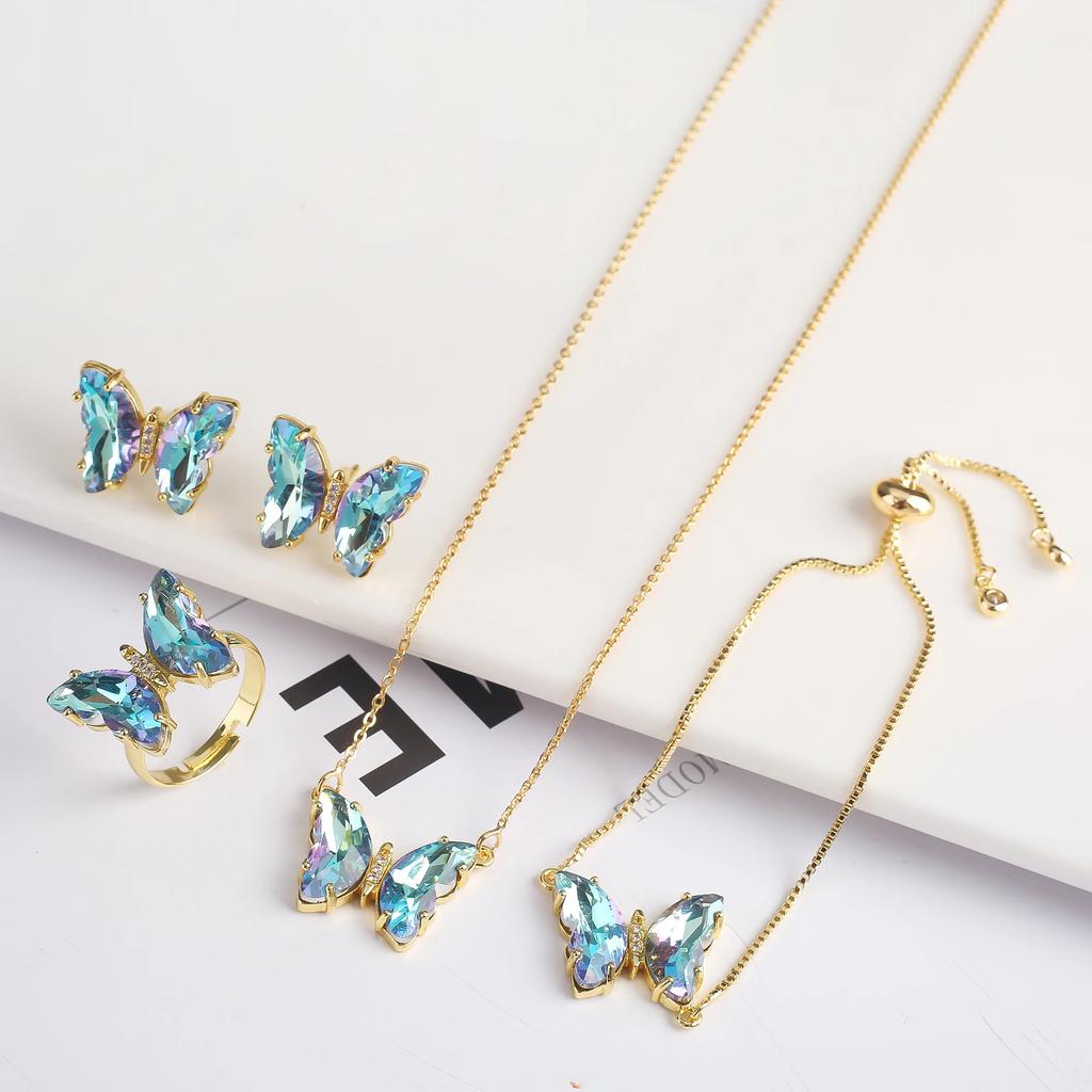 Women Shiny Crystal Butterfly Pendent Necklace Sets Romantic Jewelry Bracelet Ring Necklace Earring Set Dinner Dress Accessories