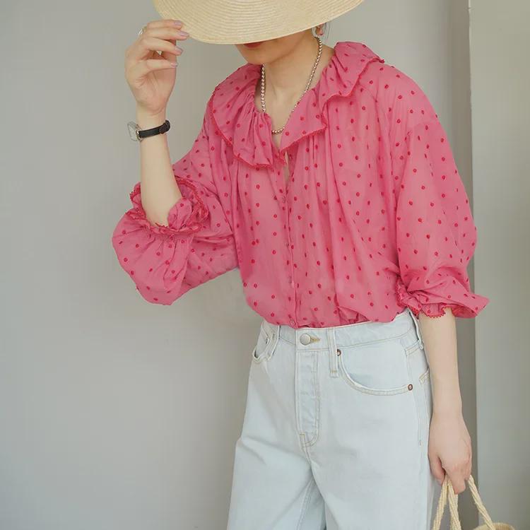 Yilu Peach Pink French Blouse: Summer Vacation Light Long-Sleeved Sunscreen Shirt for Women