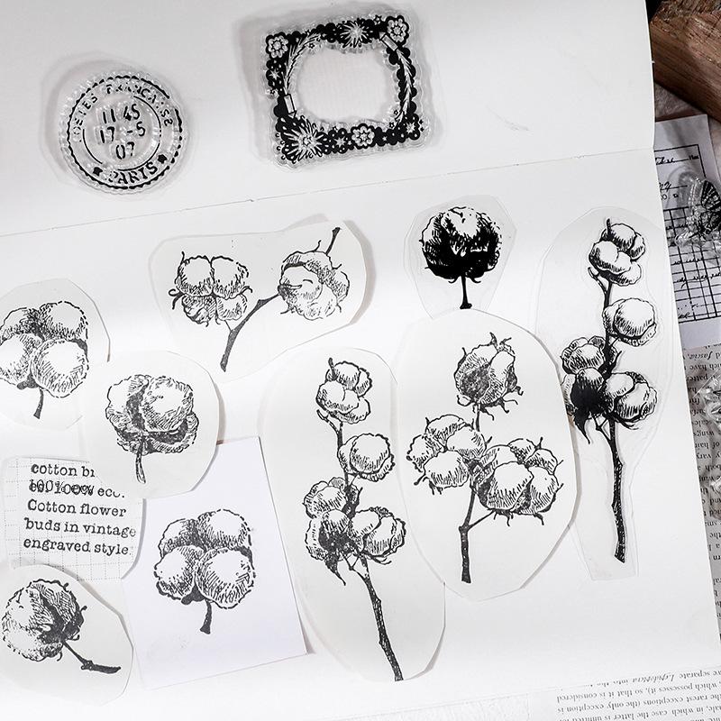 16 Transparent Silicone Stamps for Notebook Decoration: Retro Plant and Flower Arrangement Collage Design
