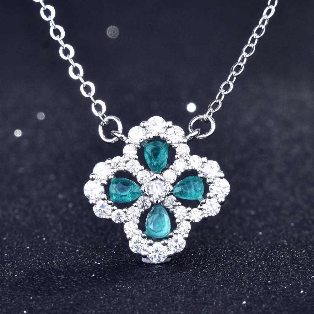 Paraiba Color Gemstone Pendant Necklace Micro Paved Diamond Teardrop Clover Flower Necklace for Women