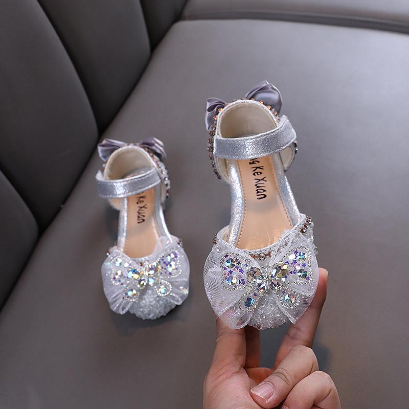 

Summer-autumn new style ladylike baby girl girls princess butterfly rhinestone flat shoes, leather shoes, dance performance shoes 21 серебряный