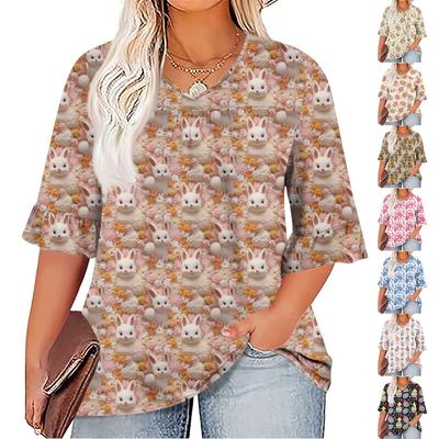 Moda Feminina Casual Páscoa Estampada Decote V Manga Sete Minutos Manga Babado Camiseta Tops Tamanho Plus Size Feminino