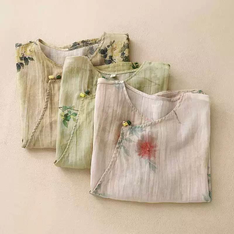Retro National Style Oblique Placket Cotton and Linen Shirt Women's Literary Printing Thin Shirt Temperament Top