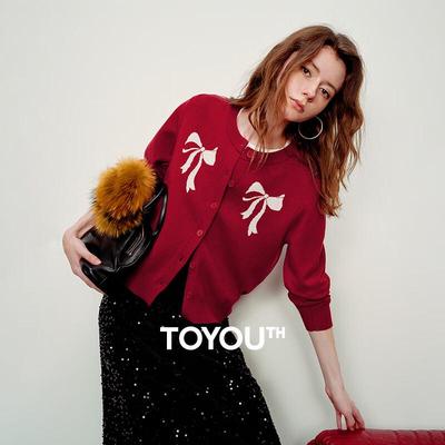 Chuyu Damen Jacquard-Strickjacke mit Schleife