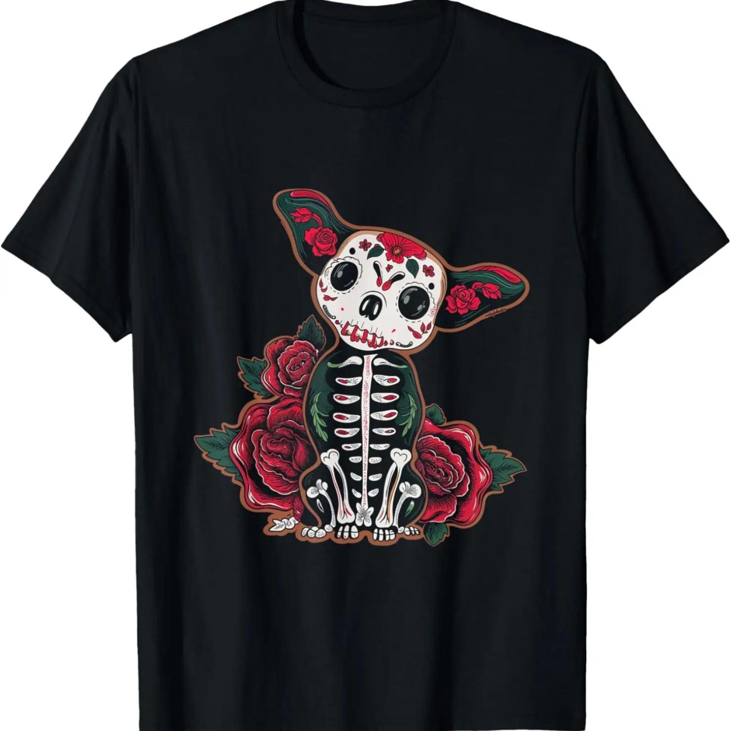Calavera Chihuahua Skull Roses Dia De Los Muertos Art T-Shirt S чёрный