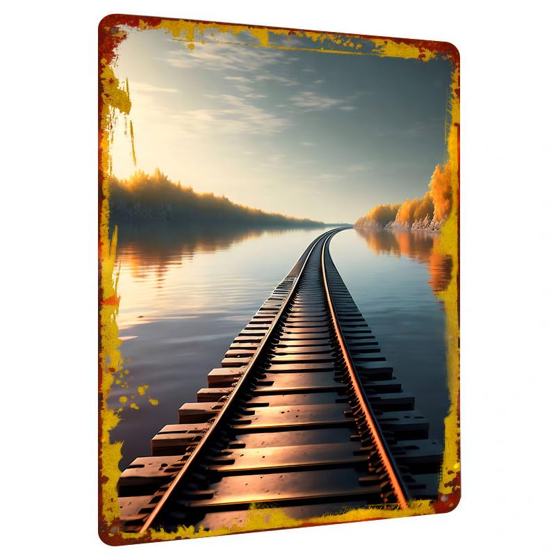 

Railway Track Leading to Golden Sunset Lake Reflection Metal Wall Art Modern Minimalist Home Decor 20x30cm（7.8x11.8inch）