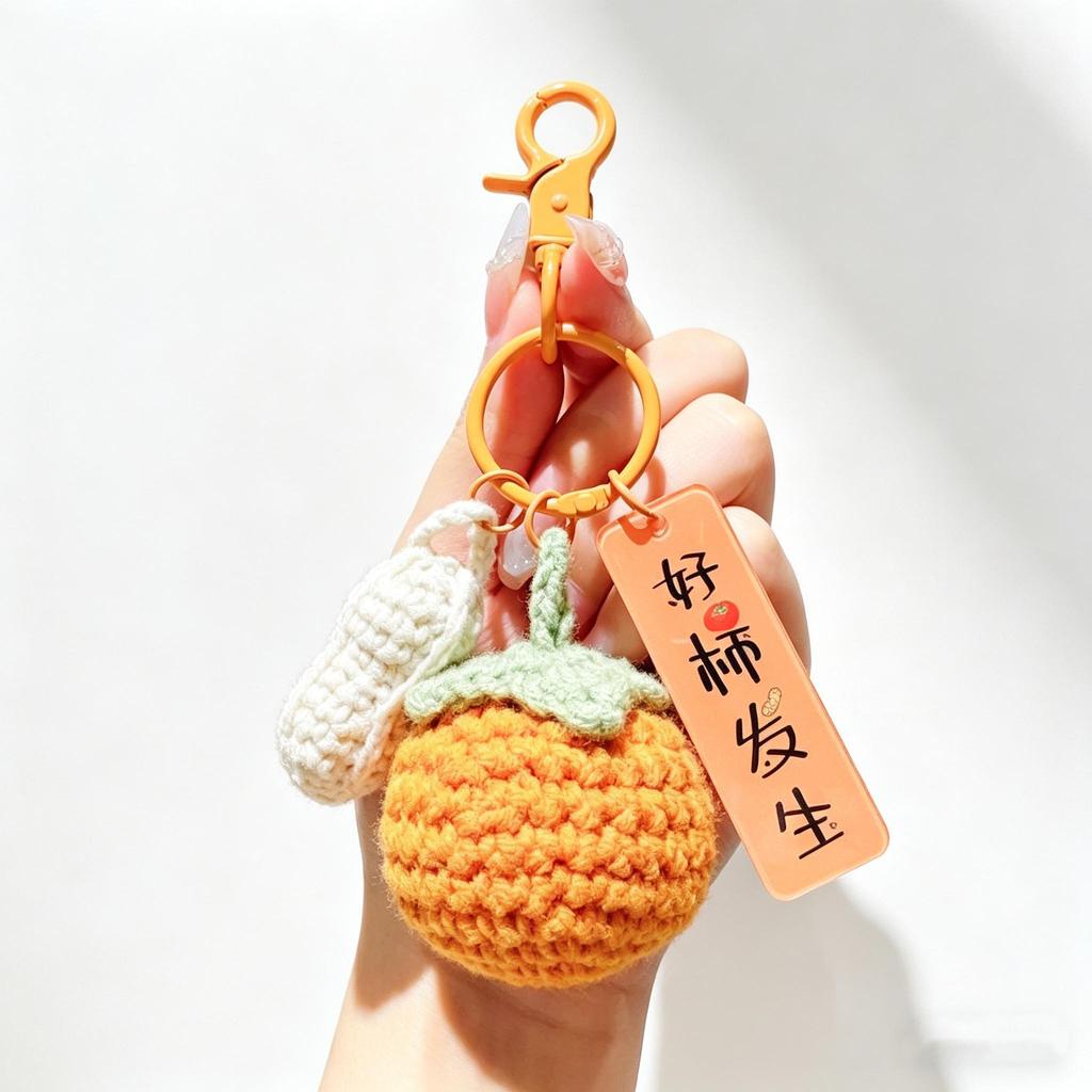 Handmade Crocheted Persimmon Keychain, "Good Things Happen" Lucky Charm,Lucky Persimmon Peanut Keyring, Hand-Knitted Fruit Pendant with Wish Tag