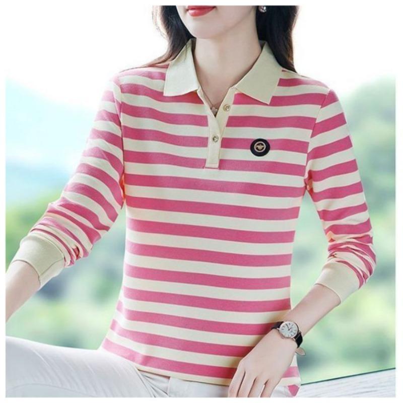 Spring and Autumn Commuting Casual Fashionable Striped Polo Shirt Long Sleeve T-shirt Female Fashionable Mom Top