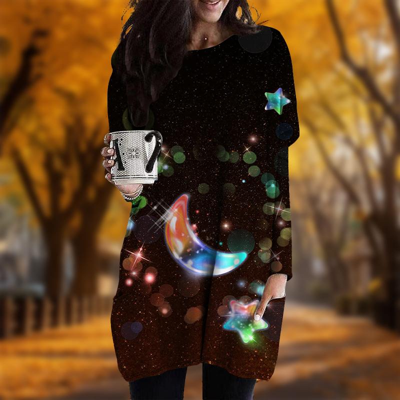 

Новинка осени с принтом звездного неба из мультфильма плюс размер платье для женщин с круглым вырезом и длинными рукавами повседневные платья с карманами S оранжевый