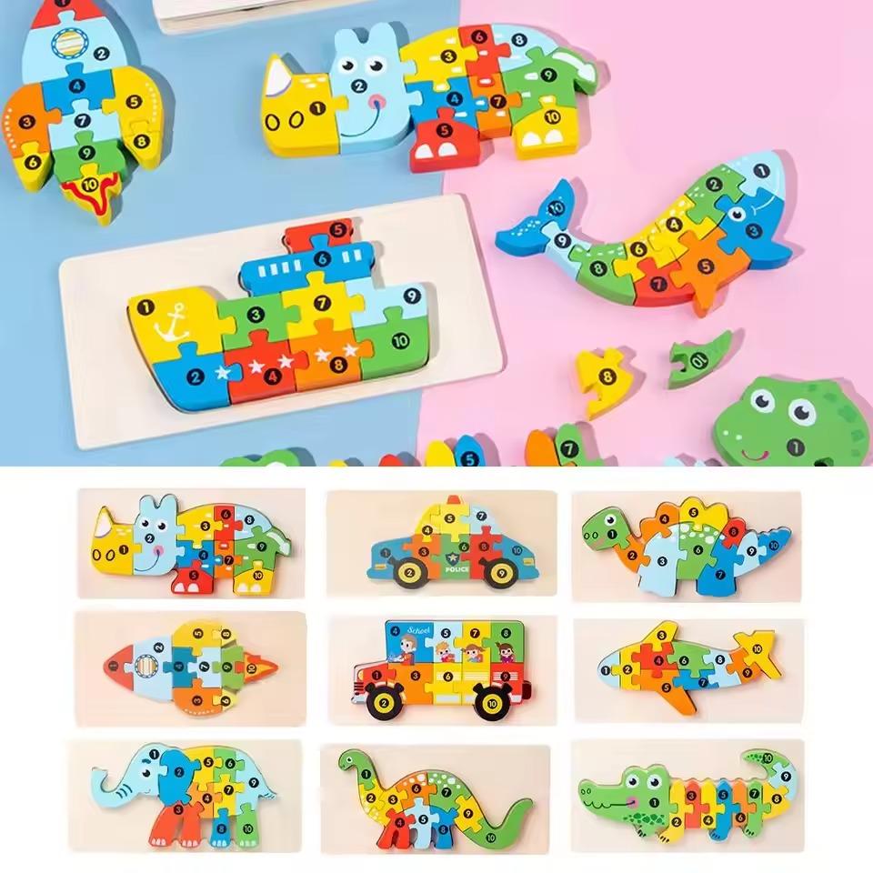 Wooden Puzzle for Toddlers Animals Vehicles Jigsaw Colorful Wood Alphabet Number Preschool Learning Montessori Educational Toys