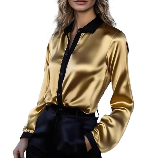 Women Shirt Lapel Long Sleeve Satin Texture Breathable Shirt Patchwork Color Loose Fit Office Casual Tops