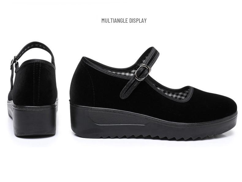 Women's Height-Increasing Non-Slip Work Shoes: Old Beijing Style, Thick-Sole Comfort, Sponge Cake Sole, Ideal for Hotel Staff