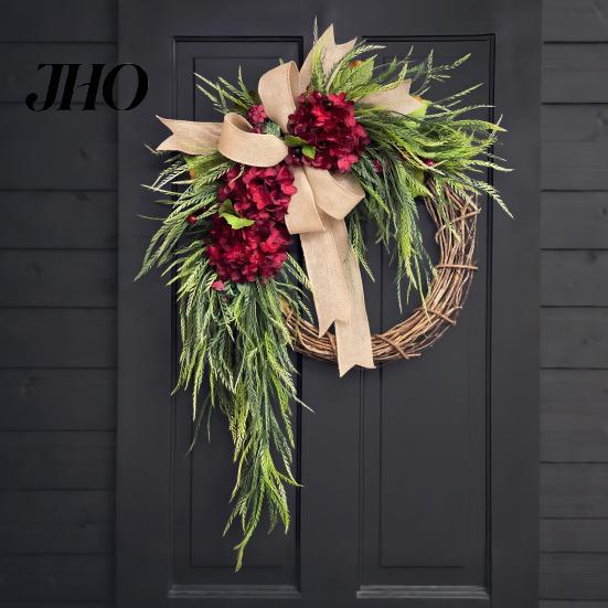Wedding Gift Garland Artificial Hydrangea Wreath for Front Door 16 Inch Lifelike Floral Seasonal Hanging Decor with Burlap Bow Wall Party Home