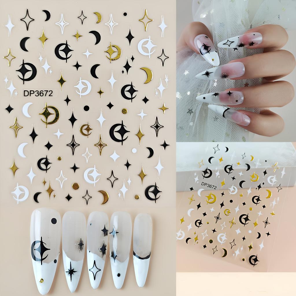 1 Stück Nail Art Aufkleber Abziehbilder - Gestickte 3D Goldfolien Herzen, Sterne & Schmetterlinge, Selbstklebende Kunststoff Nageldekoration für Frauen