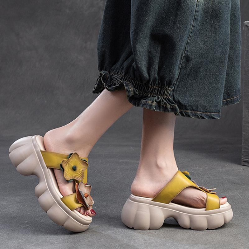 Zapatillas de cuero genuino a la moda con suela gruesa y punta abierta para exteriores, zapatos de plataforma para mujer