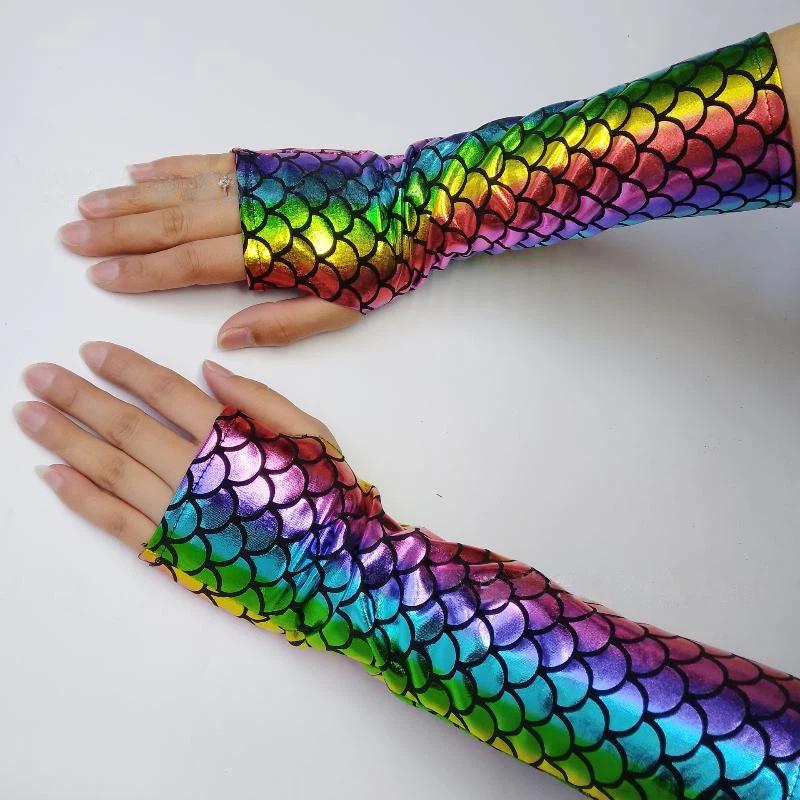 1 Paar Gotische Cosplay Halloween Bühnenperformance Party Armstulpen Meerjungfrau Fischschuppenmuster Fingerlos Lange Handschuhe Für Damen